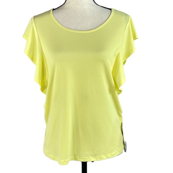 NY Collection Small Top Flutter Sleeve Stretch Scoop Neck Lemon Yellow Ruffled - Picture 1 of 7
